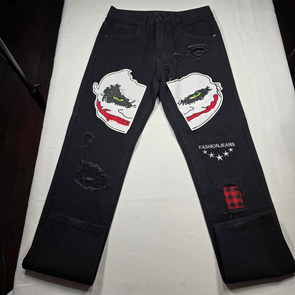 Festival Fashion Jeans Womens Black Joker Graphic‎ Distressed Straight Size 28